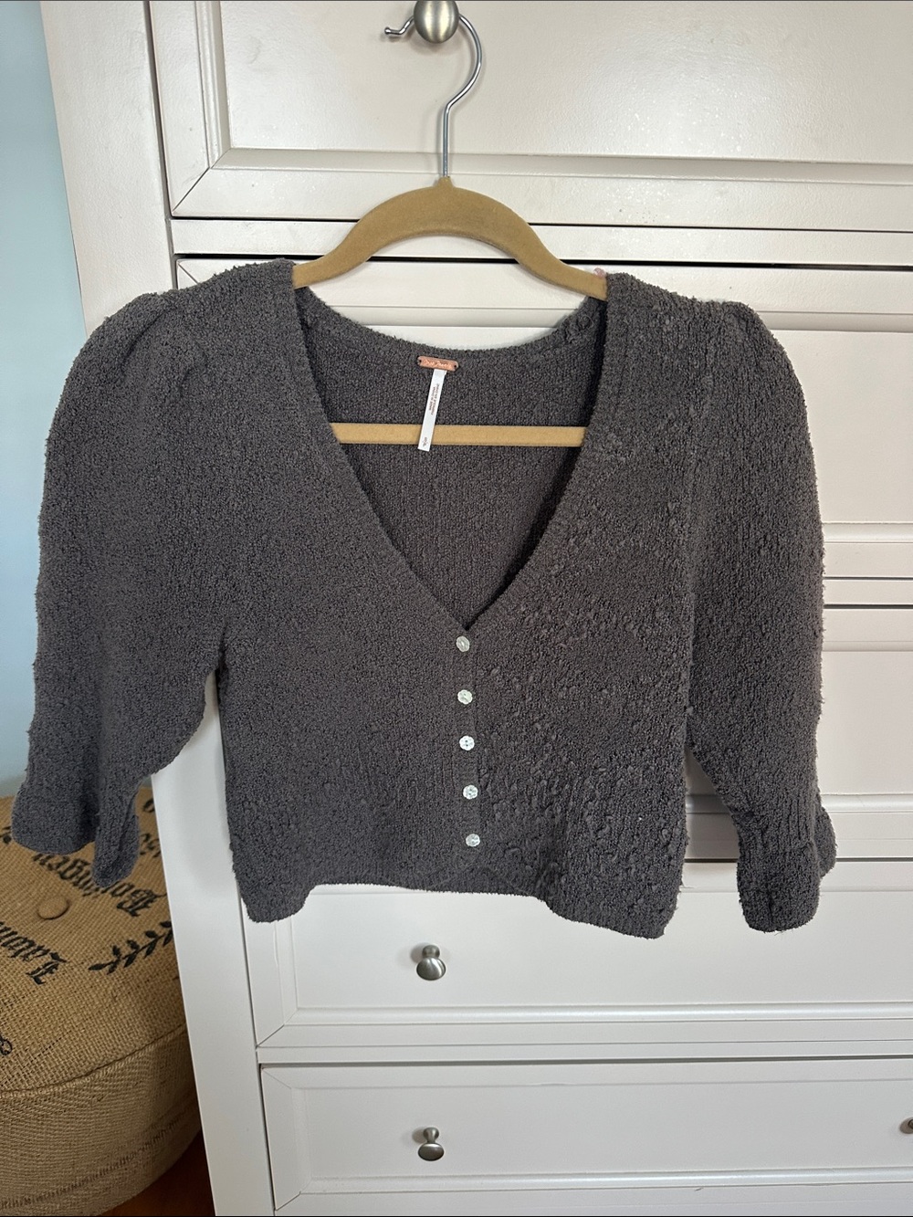 Free People Charcoal Gray V-Neck Puff Sleeve Button Crop Sweater